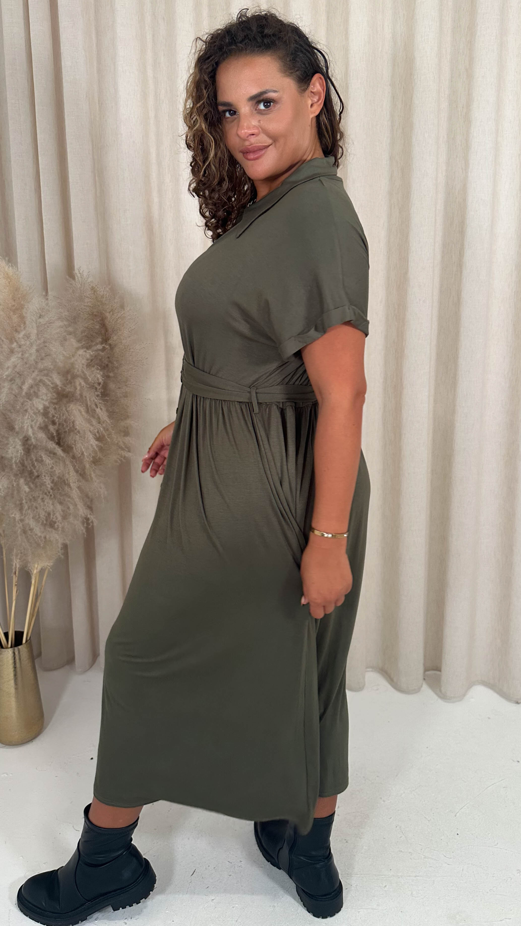 CurveWow Drop Shoulder Mock Placket Collar Midi Dress Khaki