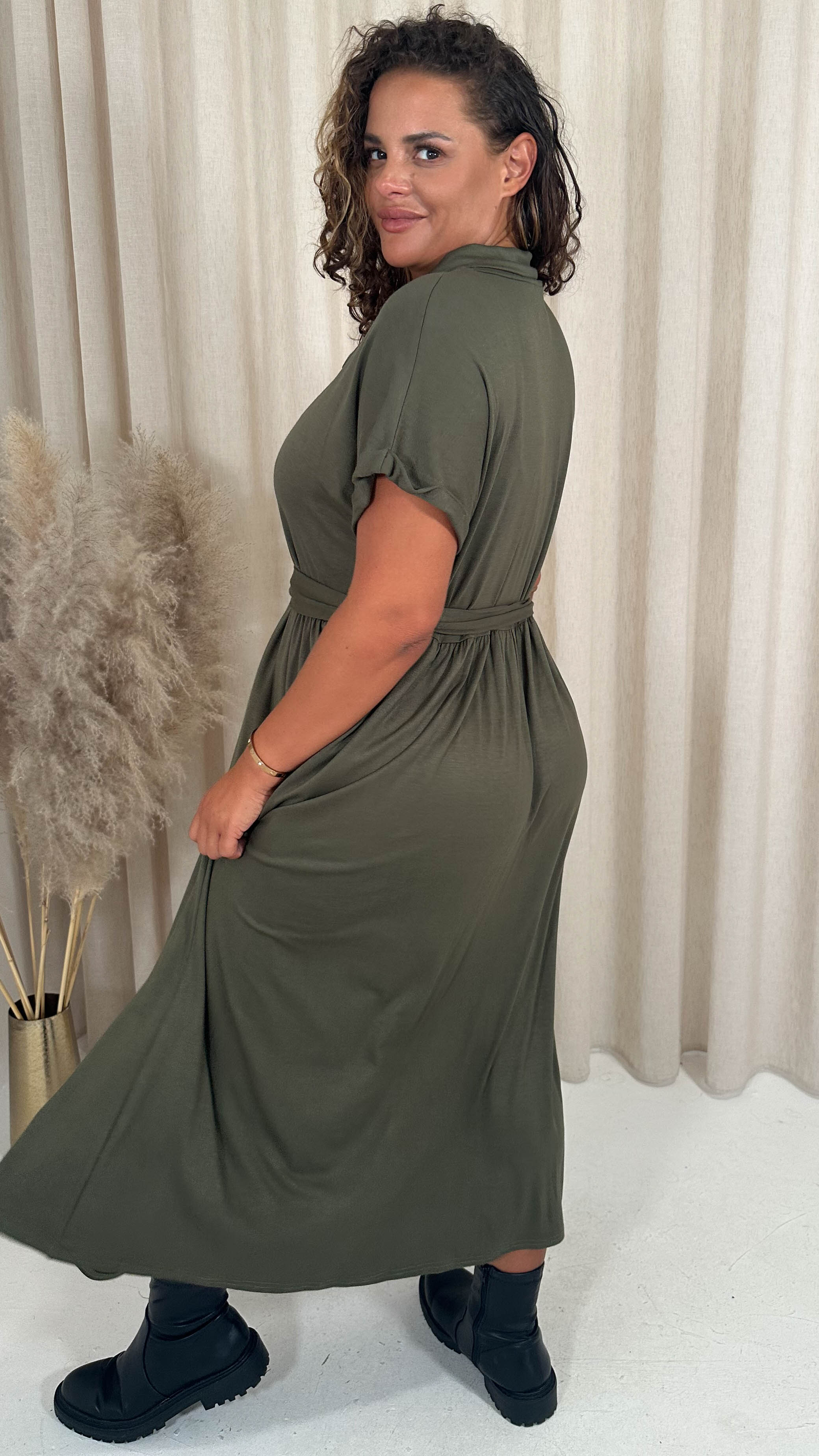 CurveWow Drop Shoulder Mock Placket Collar Midi Dress Khaki