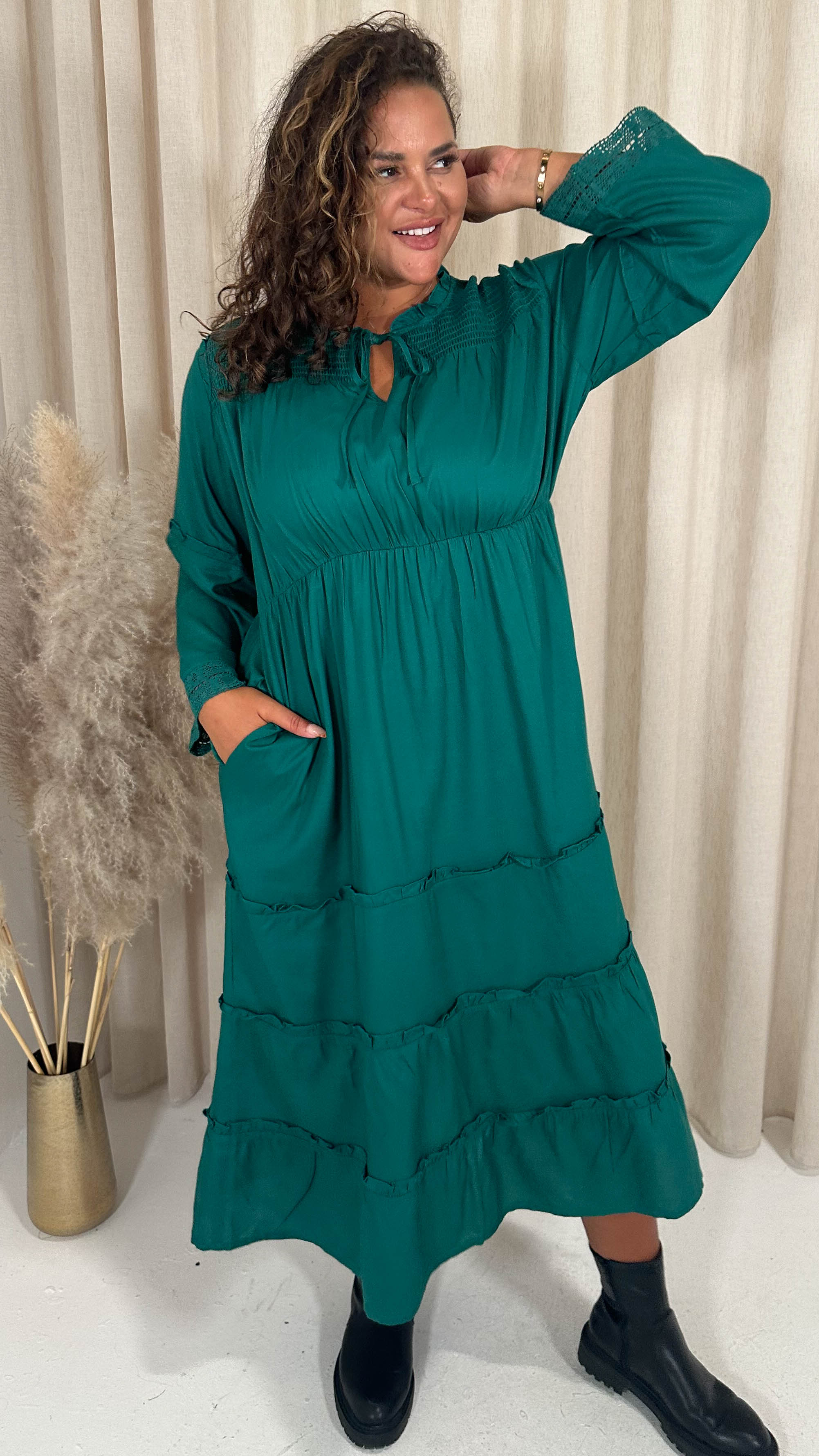 CurveWow Tie Front Tiered Maxi Dress Green
