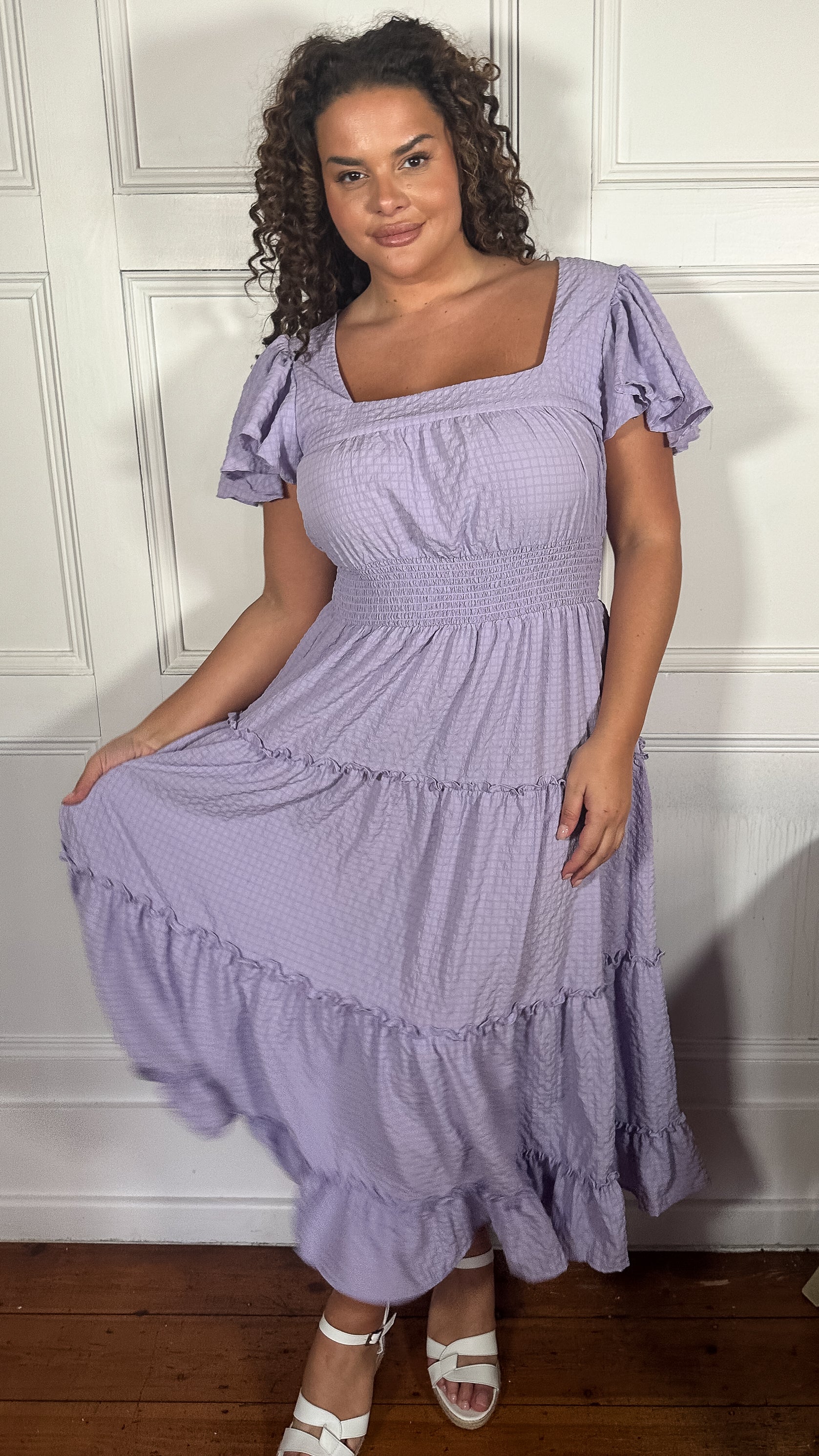 CurveWow Square Neck Seersucker Dress Lilac