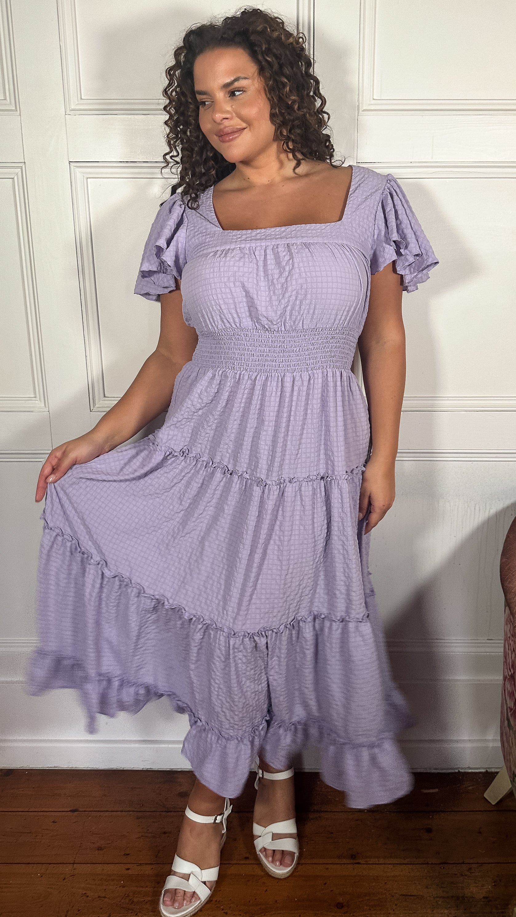 CurveWow Square Neck Seersucker Dress Lilac