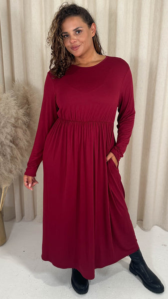 CurveWow Long Sleeve Jersey Pocket Midi Dress Wine  Curvewow