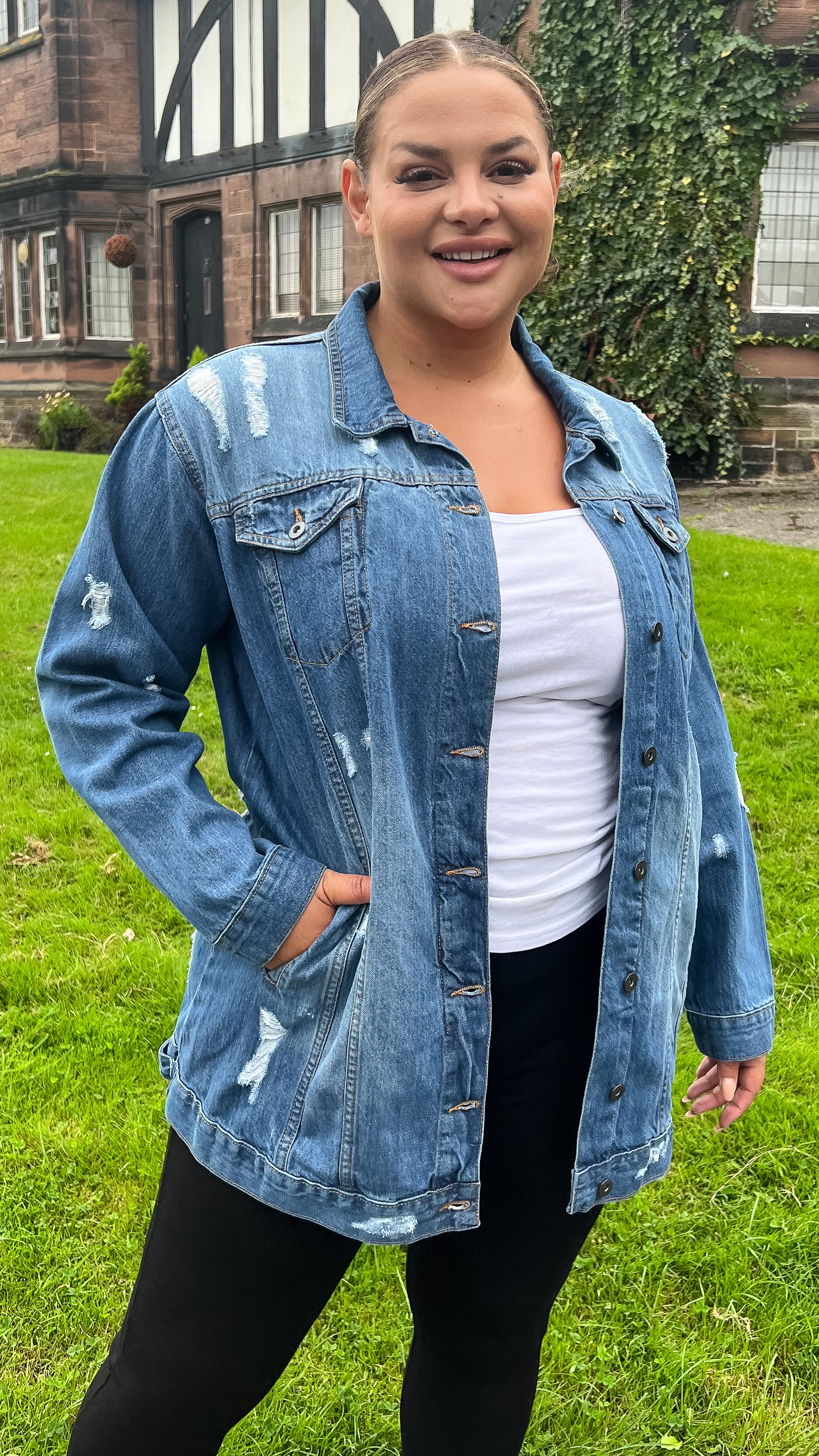CurveWow Distressed Oversized Denim Jacket Mid Blue Wash – Curvewow