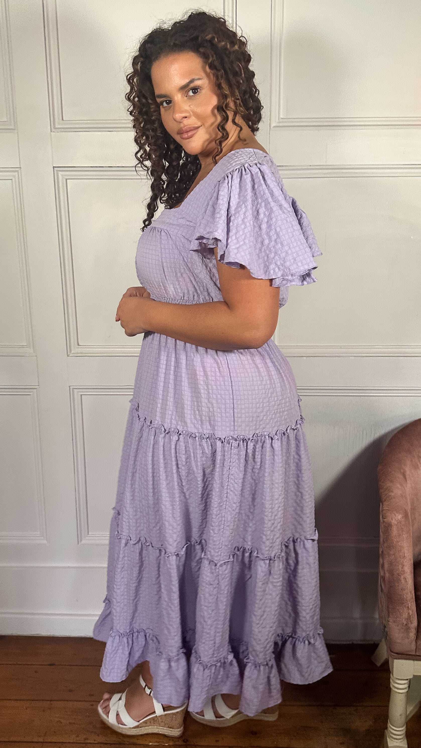 CurveWow Square Neck Seersucker Dress Lilac