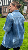CurveWow Distressed Oversized Denim Jacket Mid Blue Wash