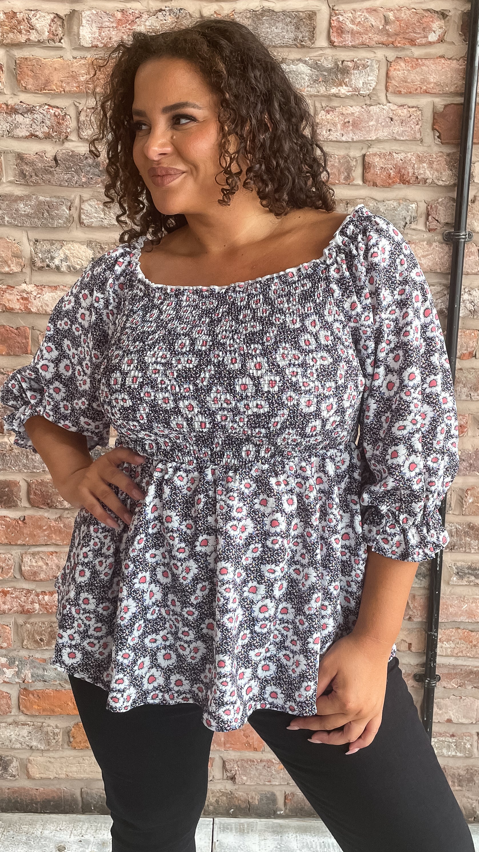 CurveWow Peplum Top Multi Floral Dot Print