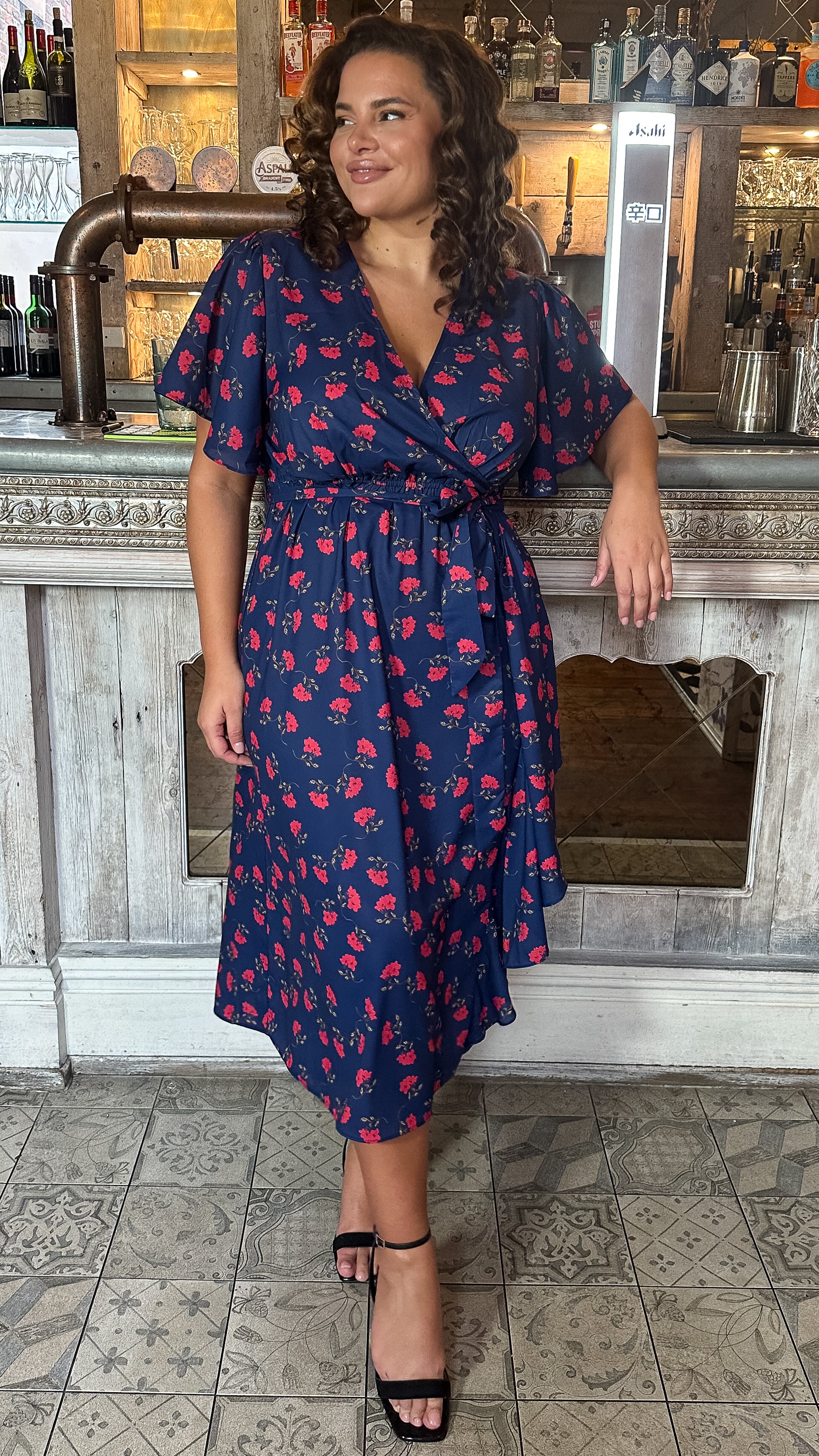 CurveWow Frill Angel Sleeve Wrap Midi Dress Navy Floral