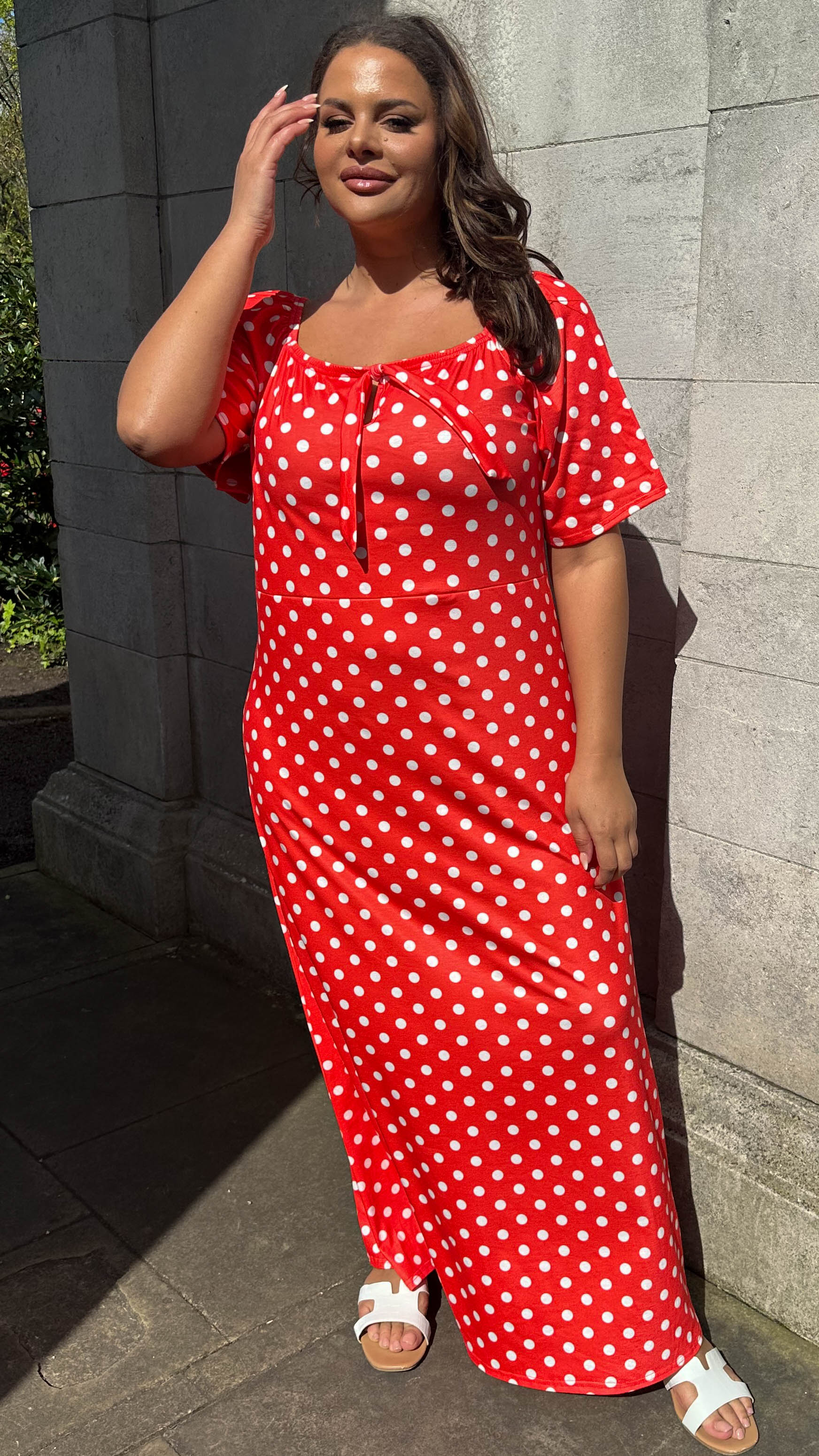 CurveWow Tie Neck Maxi Dress Red Polka Dot – Curvewow CurveWow Tie Neck Maxi Dress Red Polka Dot – Curvewow