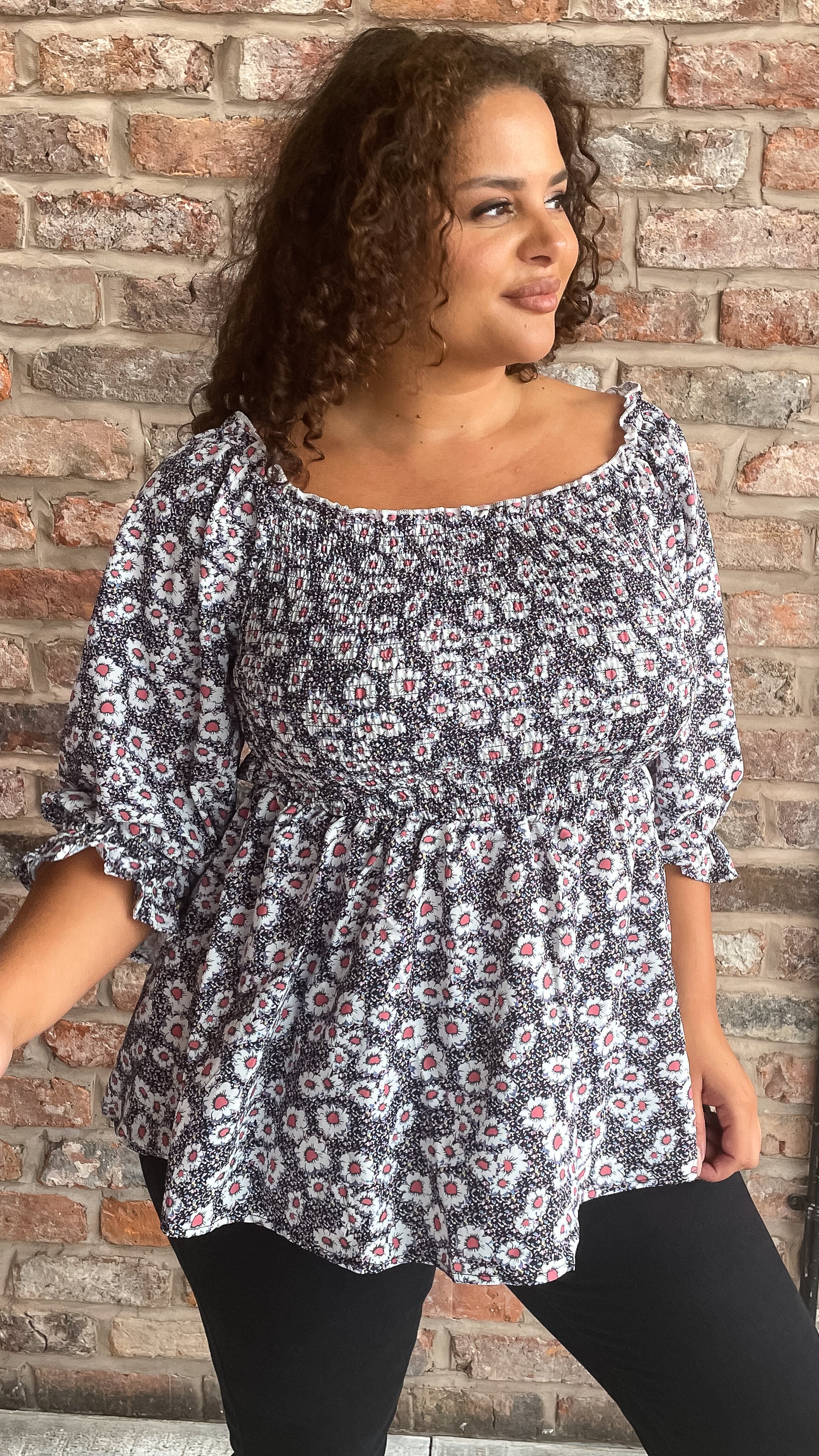 CurveWow Peplum Top Multi Floral Dot Print