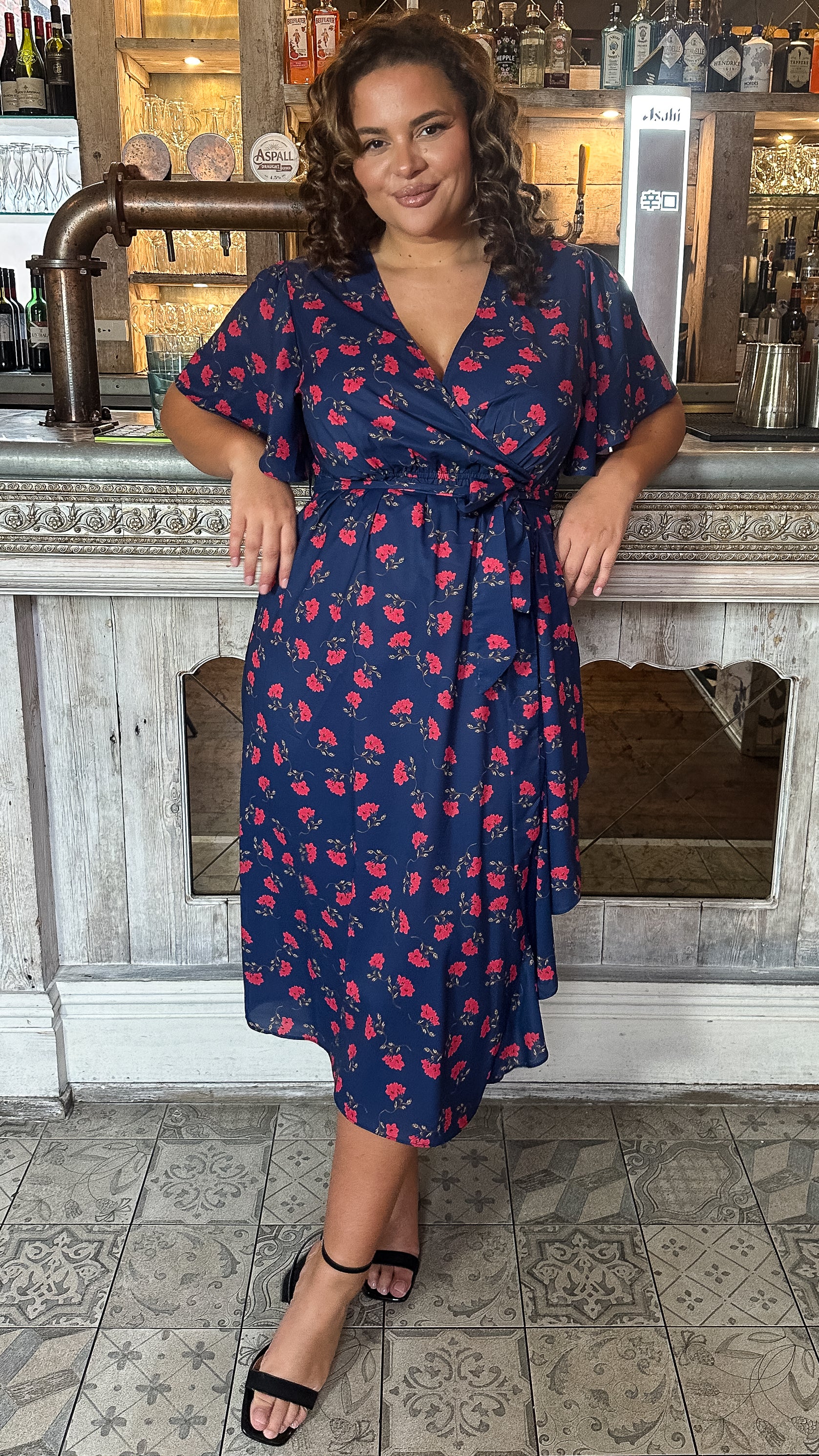 CurveWow Frill Angel Sleeve Wrap Midi Dress Navy Floral