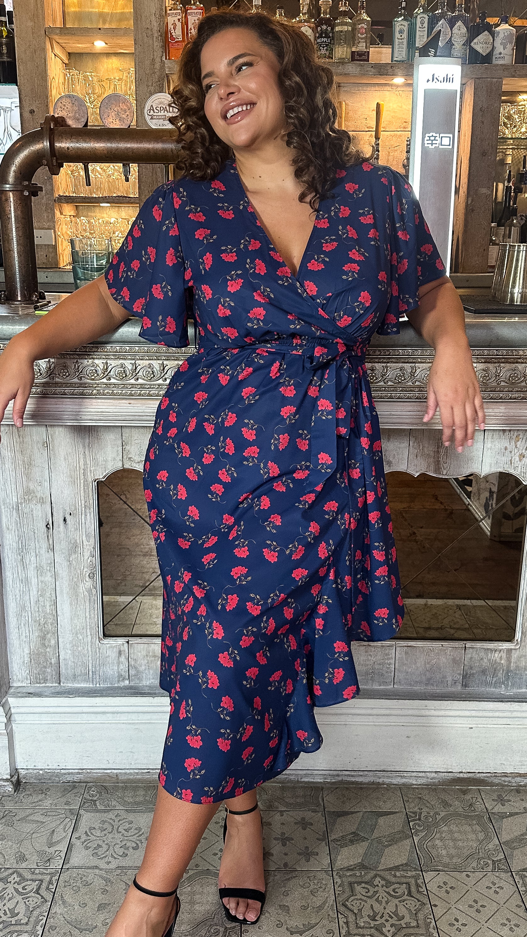 CurveWow Frill Angel Sleeve Wrap Midi Dress Navy Floral