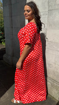 CurveWow Tie Neck Maxi Dress Red Polka Dot