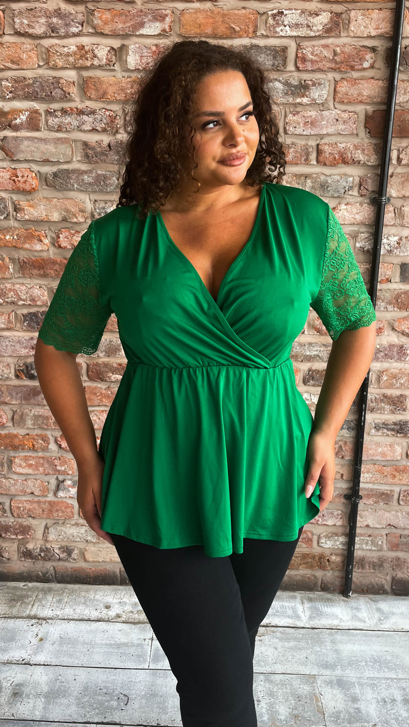 CurveWow Wrap Top With Lace Sleeves Green