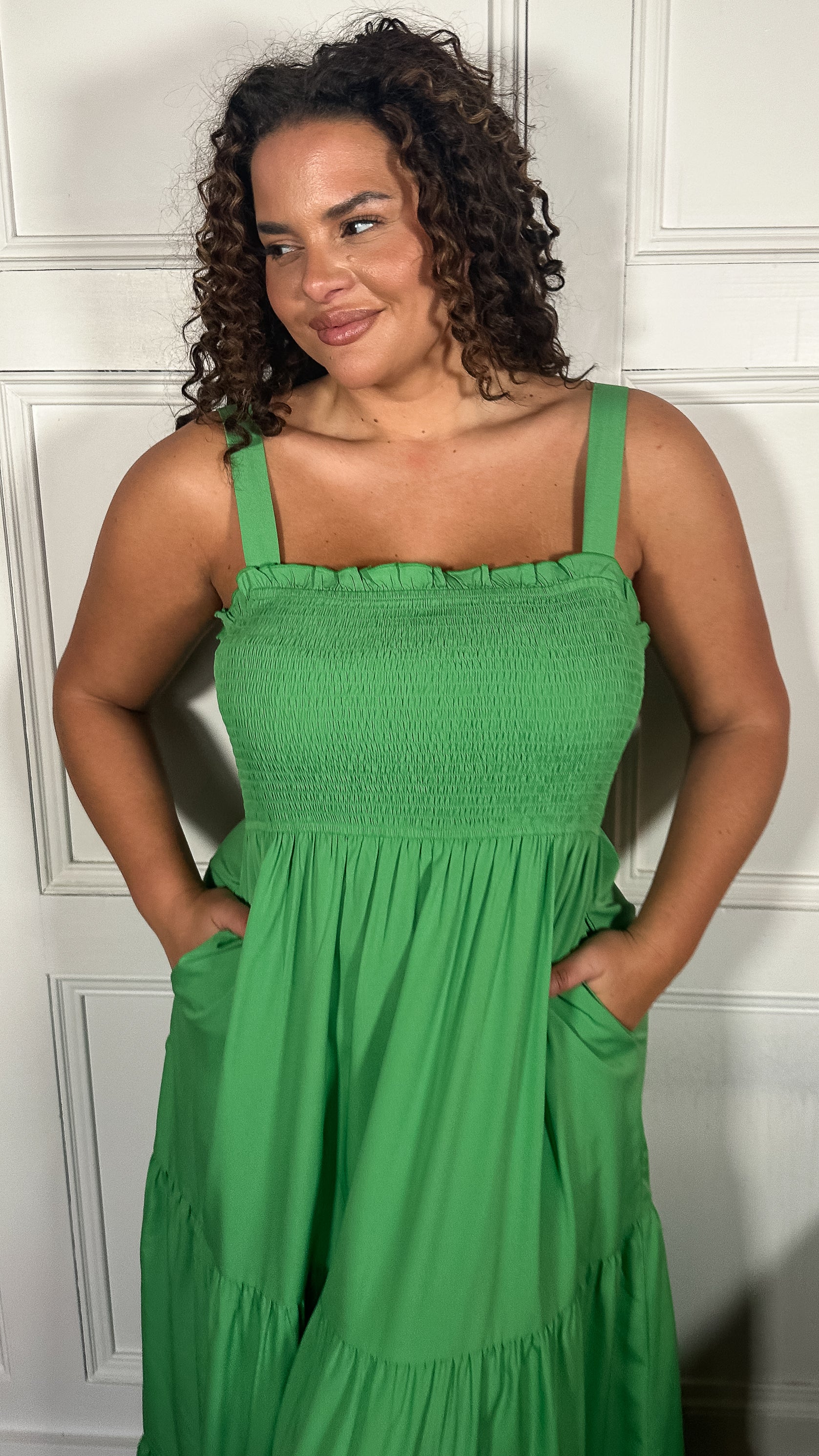 CurveWow Shirred Maxi Dress Green
