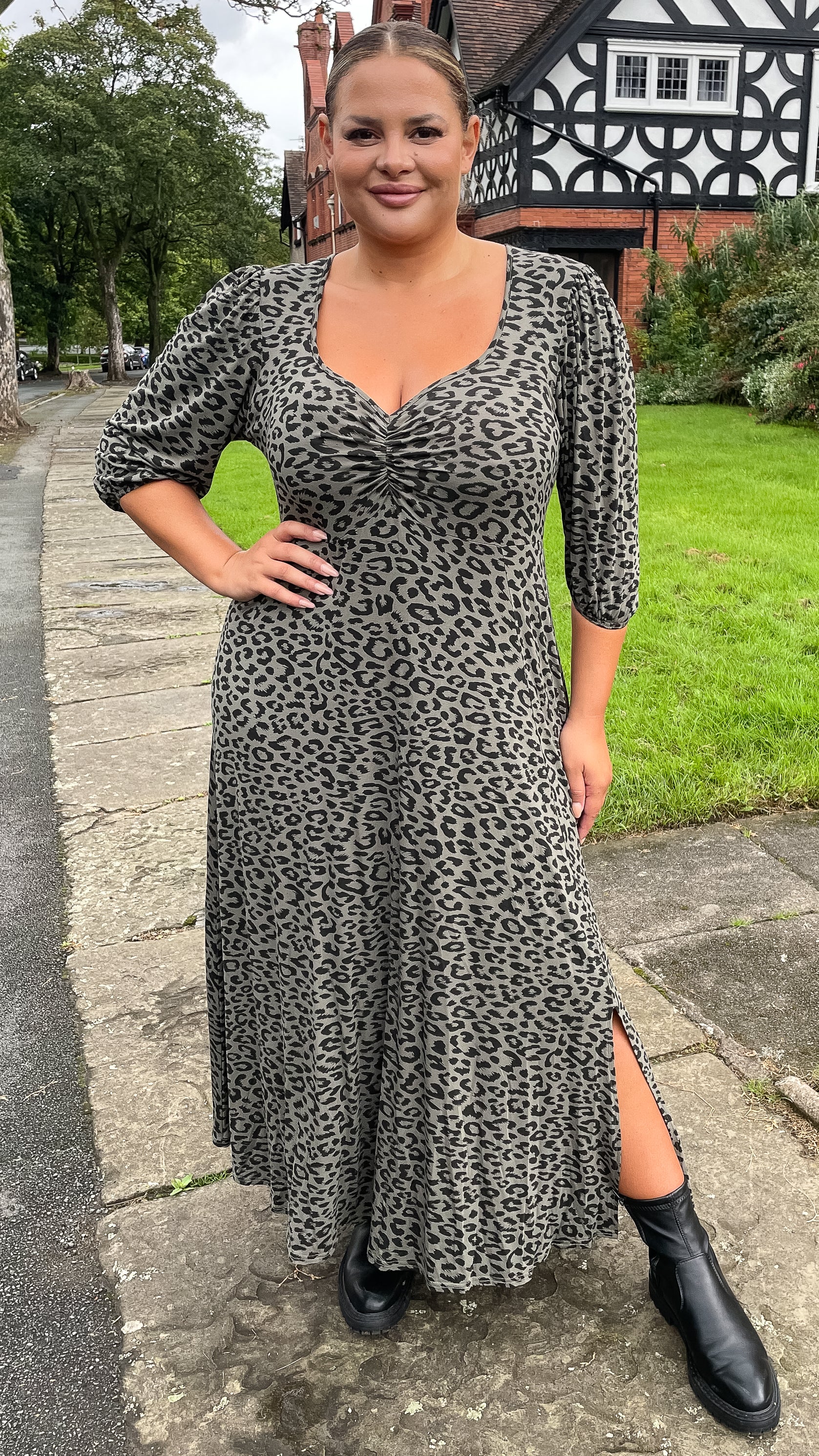 CurveWow Sweetheart Split Front Midaxi Dress Khaki Leopard