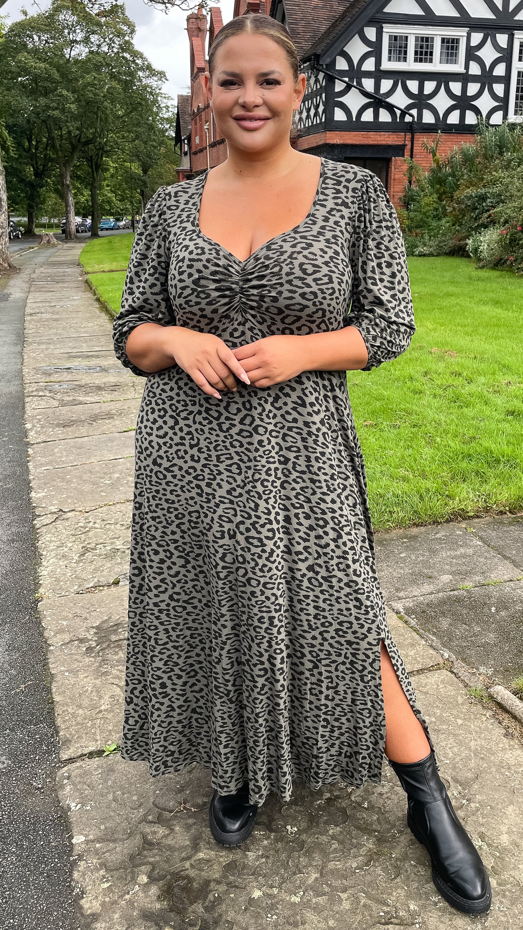 CurveWow Sweetheart Split Front Midaxi Dress Khaki Leopard