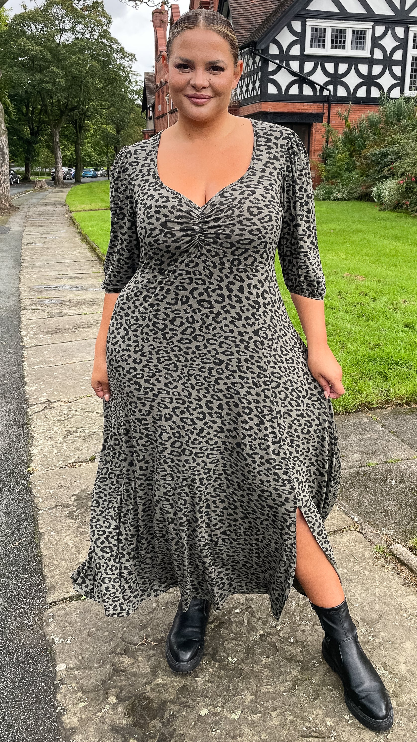 CurveWow Sweetheart Split Front Midaxi Dress Khaki Leopard