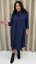 CurveWow Tassel Midaxi Dress Tiny Navy Polka Dot