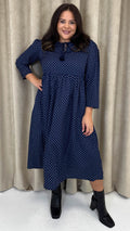 CurveWow Tassel Midaxi Dress Tiny Navy Polka Dot