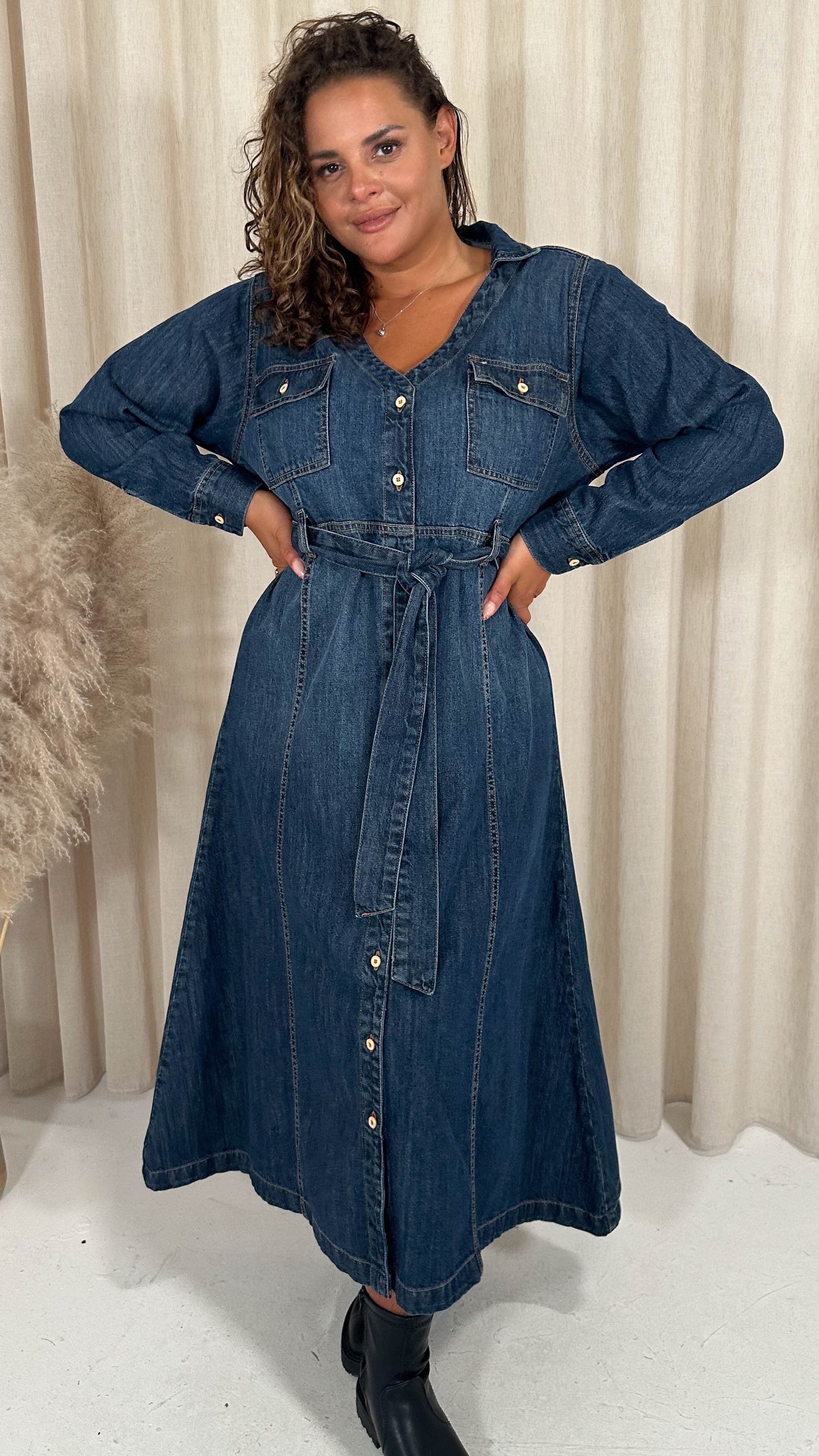 CurveWow Denim Belted Midaxi Shirt Dress Indigo Blue Curvewow CurveWow Denim Belted Midaxi Shirt Dress Indigo Blue Curvewow
