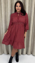 CurveWow Shirred Waist Tie Neck Dress Red Spot