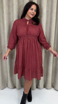 CurveWow Shirred Waist Tie Neck Dress Red Spot