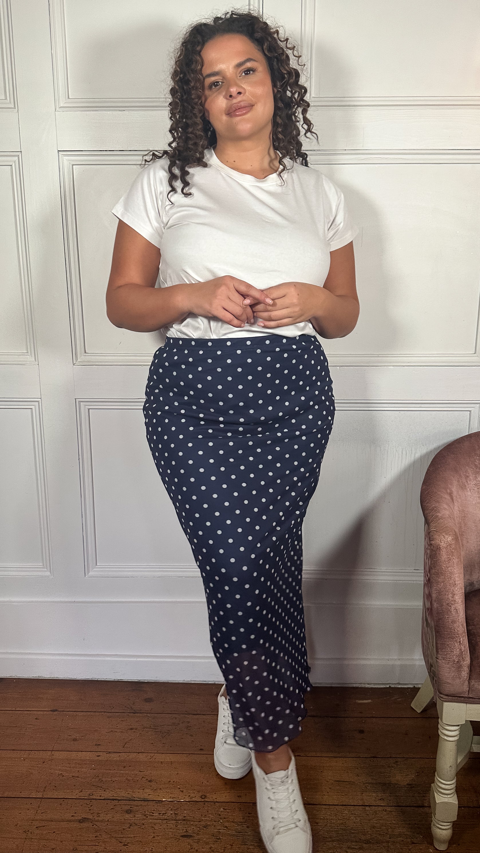 CurveWow Mesh Pencil Skirt Navy Polka