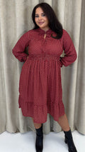 CurveWow Shirred Waist Tie Neck Dress Red Spot