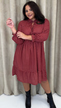 CurveWow Shirred Waist Tie Neck Dress Red Spot