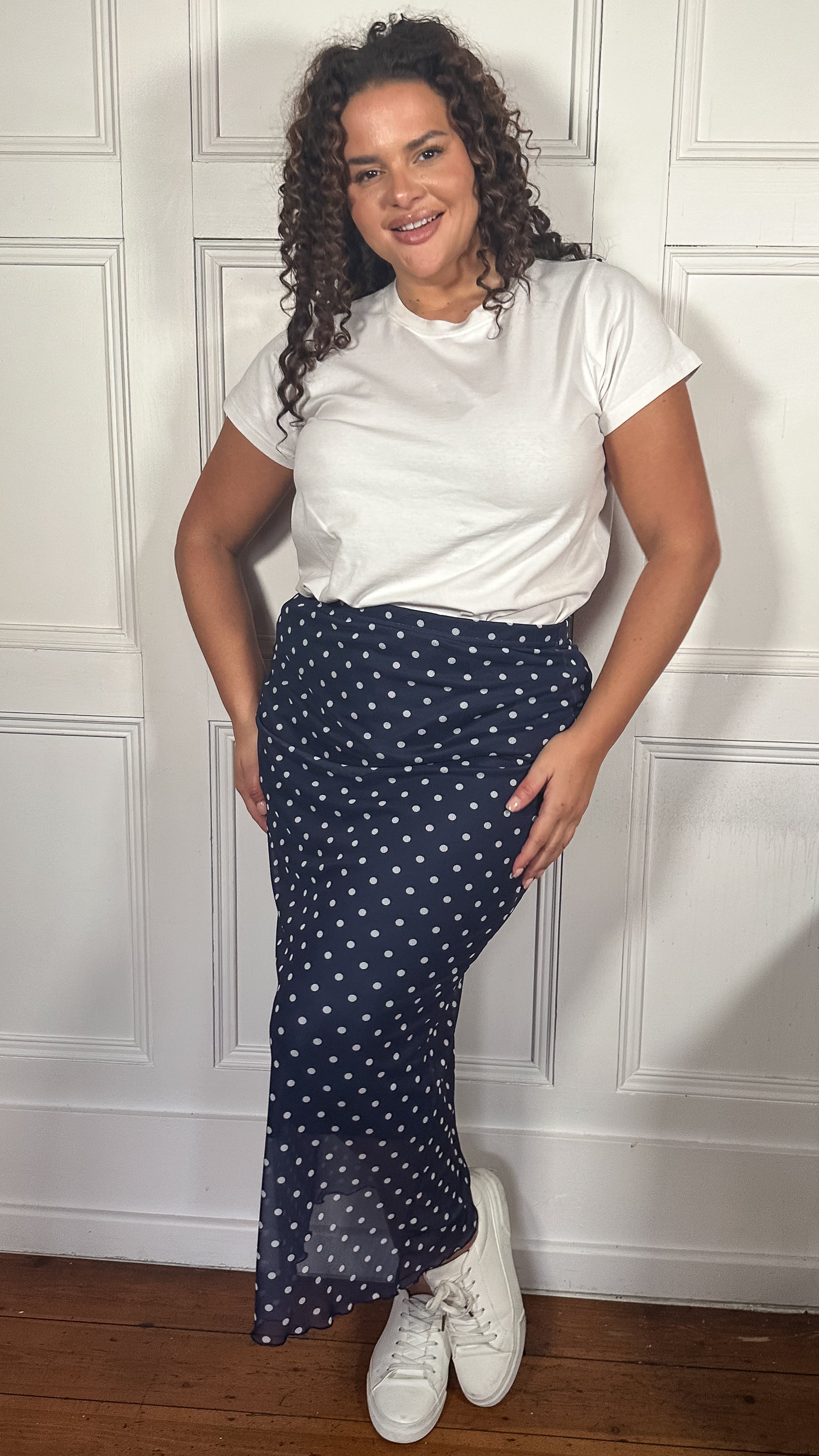 CurveWow Mesh Pencil Skirt Navy Polka