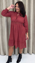 CurveWow Shirred Waist Tie Neck Dress Red Spot