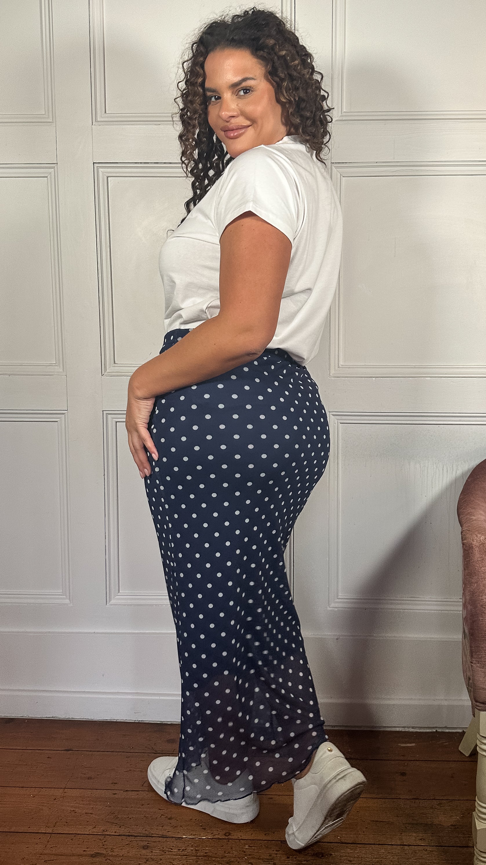 CurveWow Mesh Pencil Skirt Navy Polka