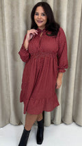 CurveWow Shirred Waist Tie Neck Dress Red Spot