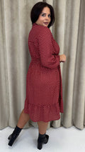 CurveWow Shirred Waist Tie Neck Dress Red Spot