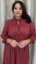 CurveWow Shirred Waist Tie Neck Dress Red Spot
