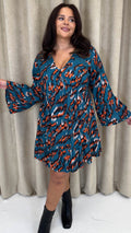 CurveWow Lace Insert V Neck Smock Dress Leopard Print