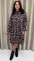 CurveWow High Neck Smock Dress Black Floral