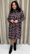 CurveWow High Neck Smock Dress Black Floral
