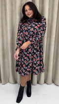 CurveWow High Neck Smock Dress Black Floral