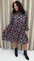 CurveWow High Neck Smock Dress Black Floral