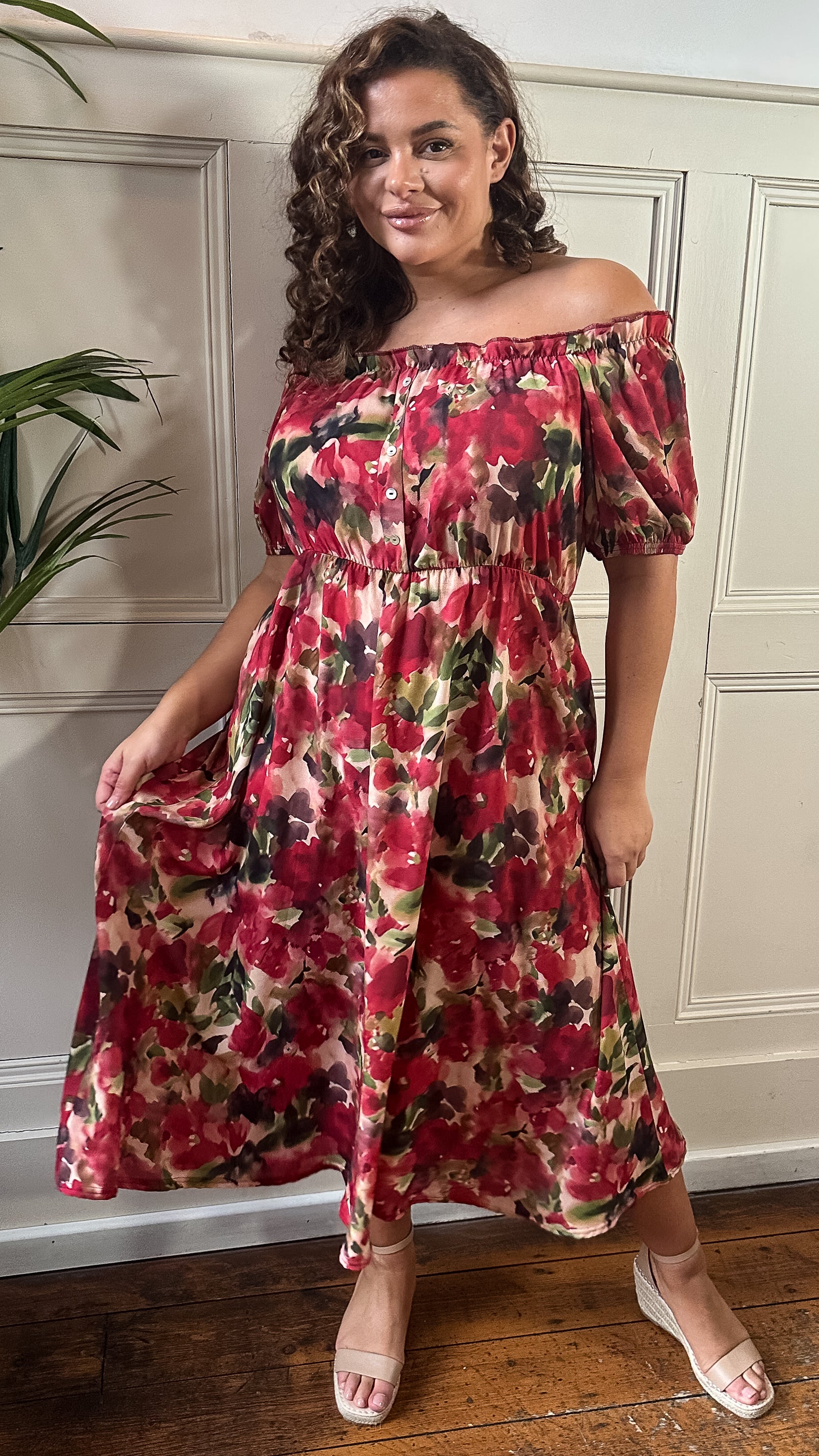 CurveWow Bardot Midi Dress Printed Blurred Floral