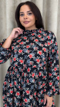 CurveWow High Neck Smock Dress Black Floral