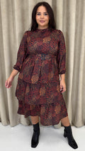 CurveWow Tiered Belt Midi Dress Rust Mixed Animal