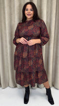 CurveWow Tiered Belt Midi Dress Rust Mixed Animal