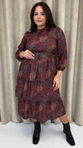 CurveWow Tiered Belt Midi Dress Rust Mixed Animal