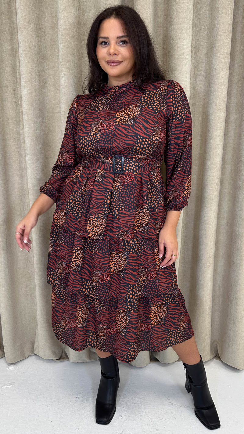 CurveWow Tiered Belt Midi Dress Rust Mixed Animal