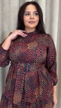 CurveWow Tiered Belt Midi Dress Rust Mixed Animal