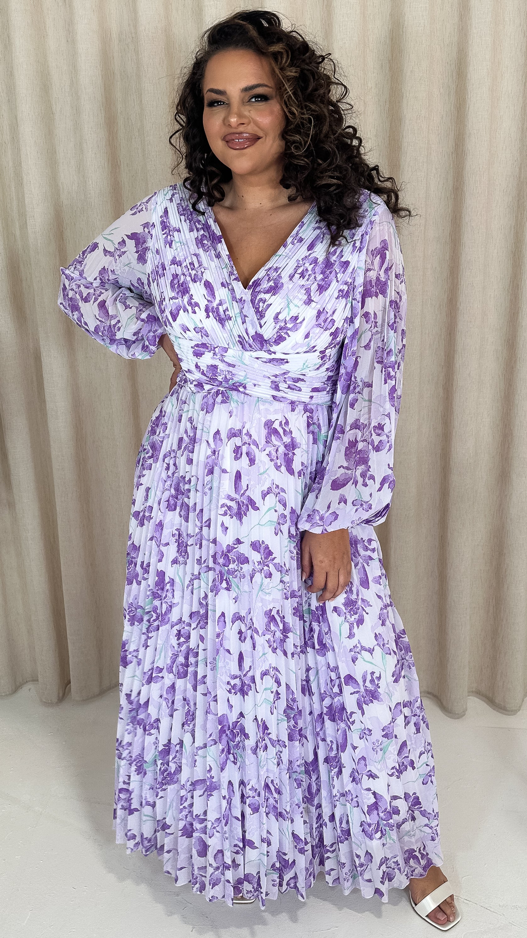 CurveWow Pleated Wrap Maxi Dress Lilac Floral