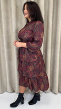 CurveWow Tiered Belt Midi Dress Rust Mixed Animal