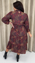 CurveWow Tiered Belt Midi Dress Rust Mixed Animal